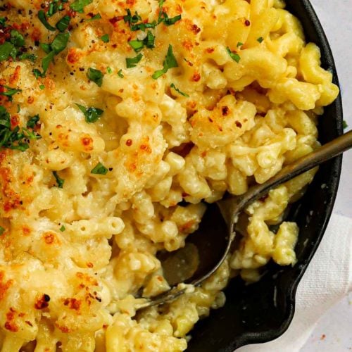 Macaroni pasta in a rich cheesy sauce topped with parmesan and chopped pasrley.