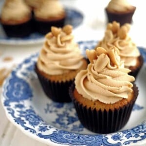 banana cupcakes on a small blue and white plate