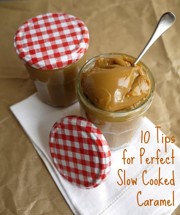 The easiest ever slow cooker (crockpot) home made condensed milk caramel sauce, made without cream or fuss. Perfectly smooth, not grainy, slow cooker caramel!