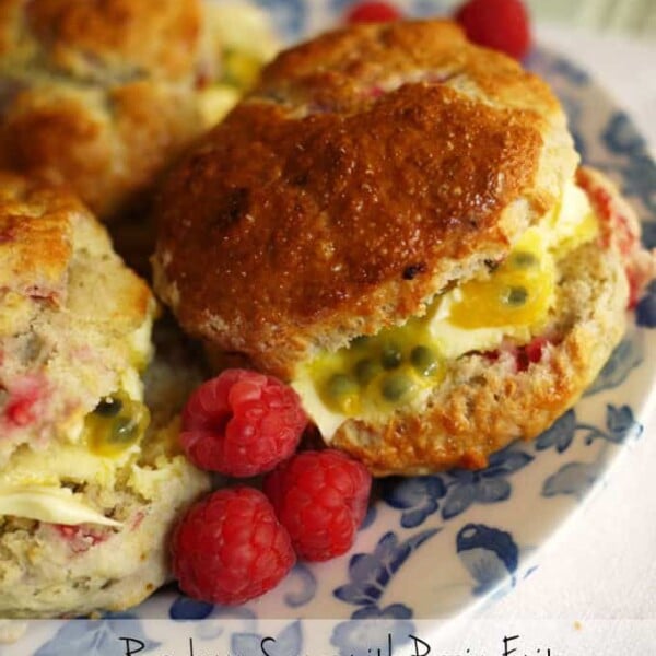 Raspberry Scones with Clotted Cream and Passion Fruit