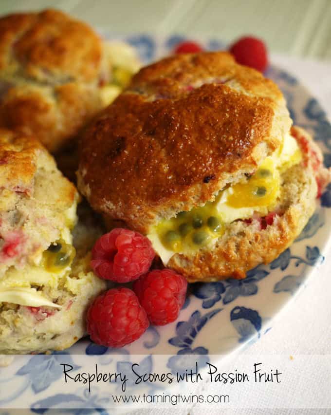 Raspberry Scones with Clotted Cream and Passion Fruit