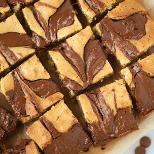 Blondies with Peanut Butter and Nutella swirls on top