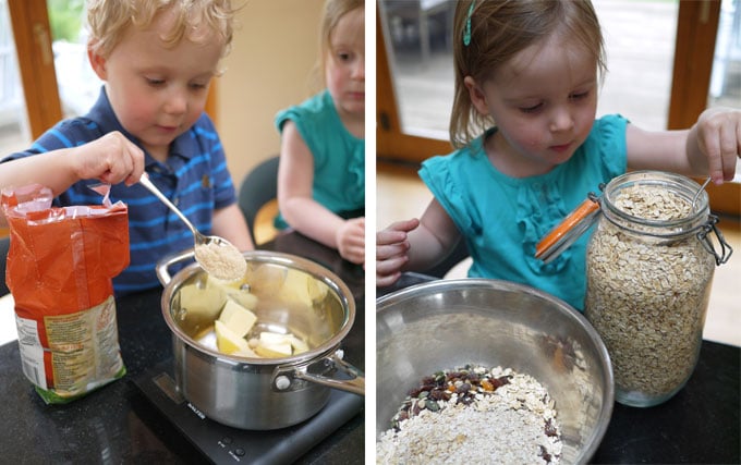 children weighing ingredients for granola bars