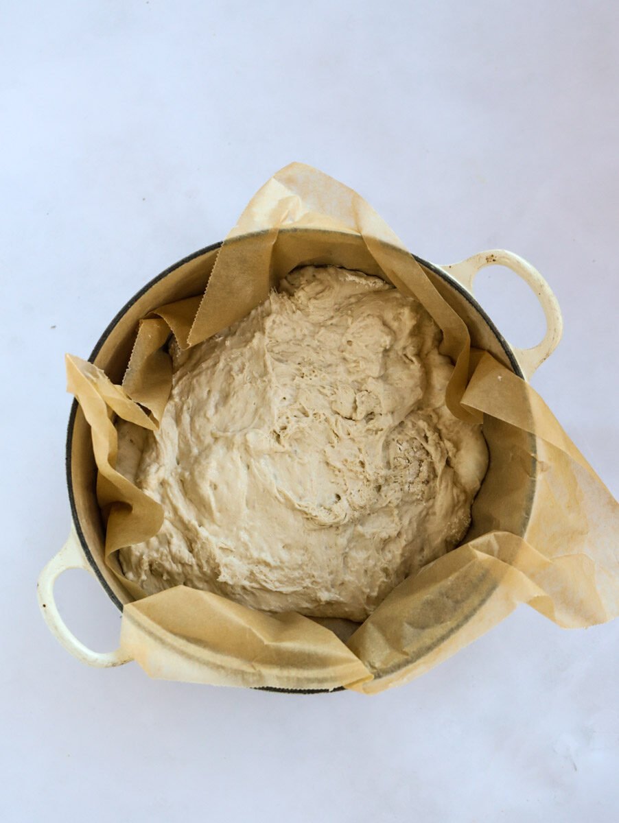 Dough in baking pan for step 4 in the recipe process.