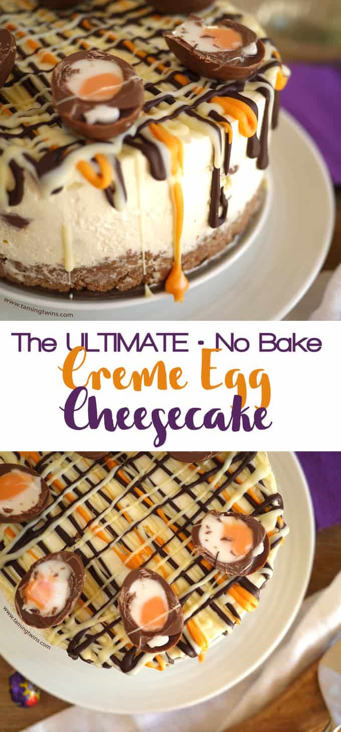 This Cadbury's Creme Egg Cheesecake Recipe (No Bake!) has been viewed over a million times. The ultimate Easter chocolate make, find out what all the fuss is about... This super easy dessert is a buttery biscuit base, topped with light, whipped cream and cream cheese, with chocolate and Creme Eggs. Easily adaptable to be Gluten Free. #easter #cheesecake #dessertrecipe #cremeeggs #tamingtwins