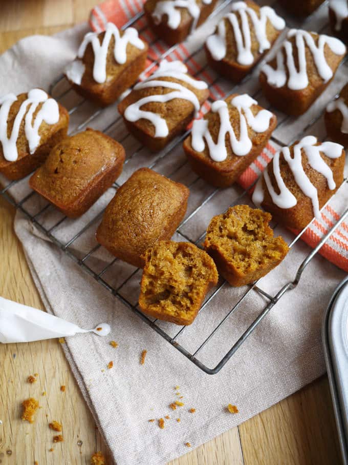 A perfect autumn treat, Mini Pumpkin Bread Loaves in a row, ready to eat.