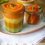 Layered, roasted pepper rainbow hummus, totally natural colours, vegan and perfect for kids.