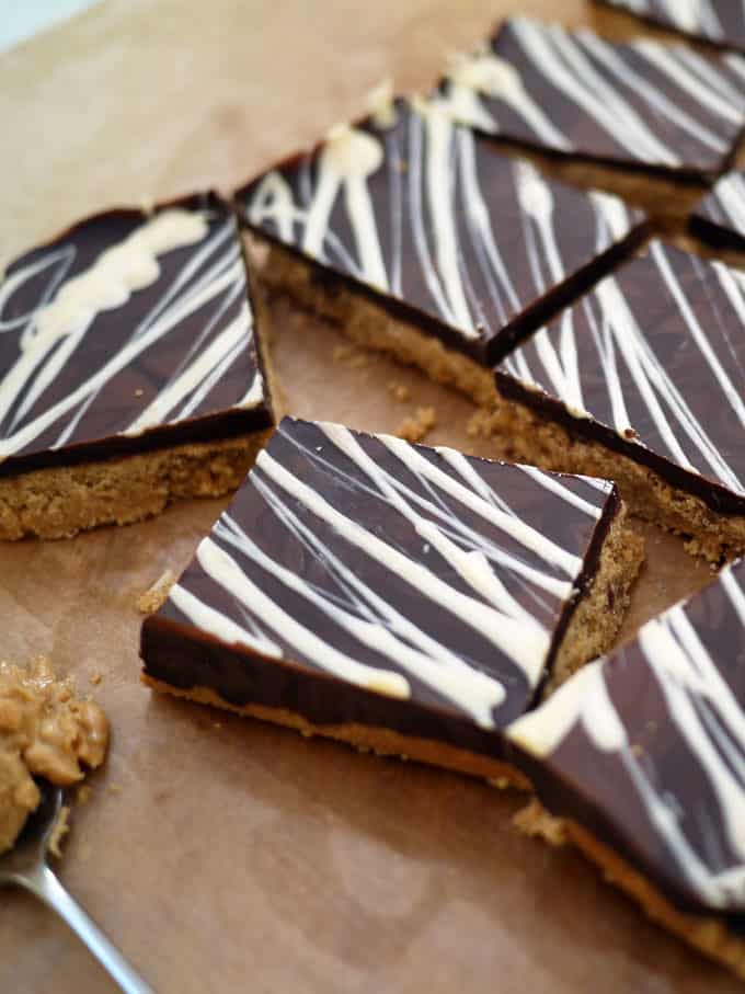 Peanut Butter Crunch Bars - Deliciously, moreish and easy to make tea time treats. Packed with peanut butter and topped with a slab of milk chocolate, these are a must bake! http://www.TamingTwins.com