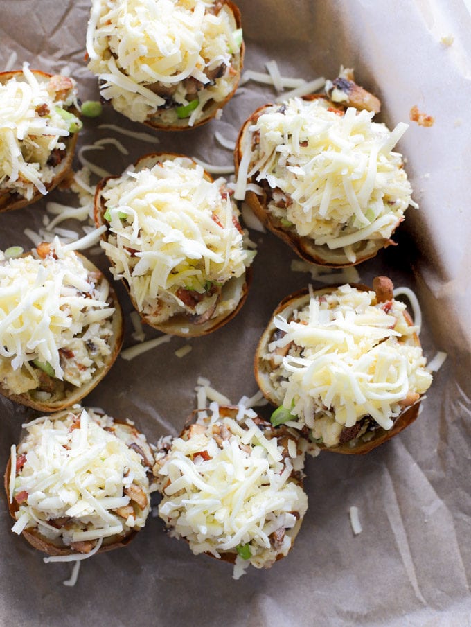 Stuffed potato skins ready to be cooked.