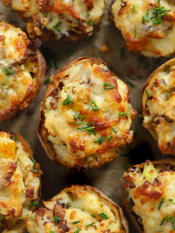 Loaded potato skins topped with chives and cheese