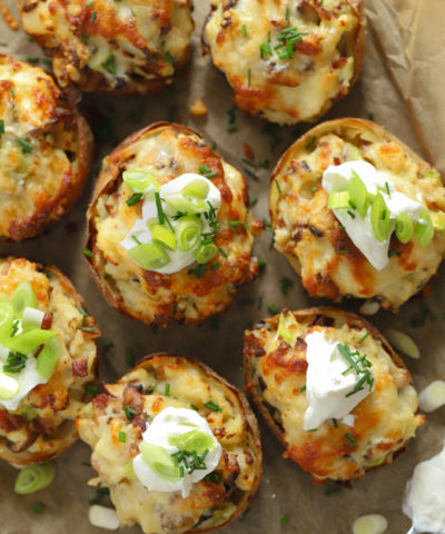 Stuffed potato skins loaded with cheese and sour cream
