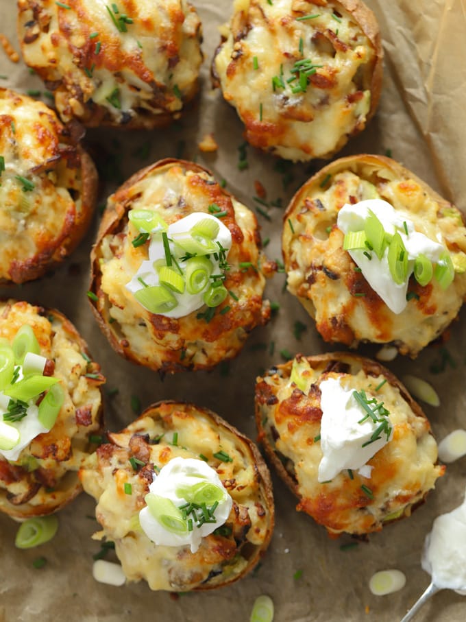 Stuffed potato skins loaded with cheese and sour cream.