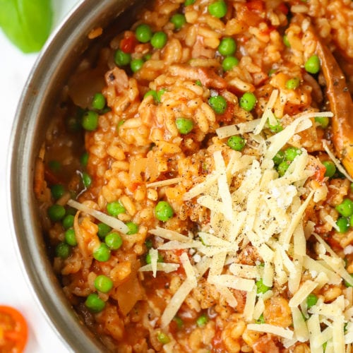 Oven Baked Risotto Recipe with Bacon, Cheese and Peas