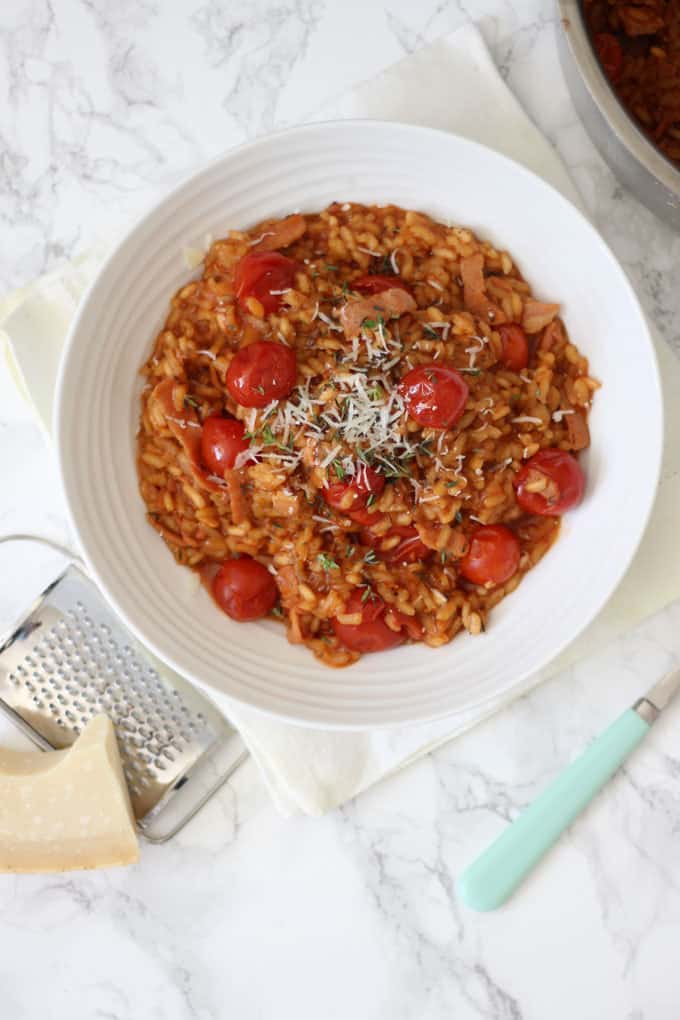 Oven Baked Risotto with Bacon and Tomato - Taming Twins
