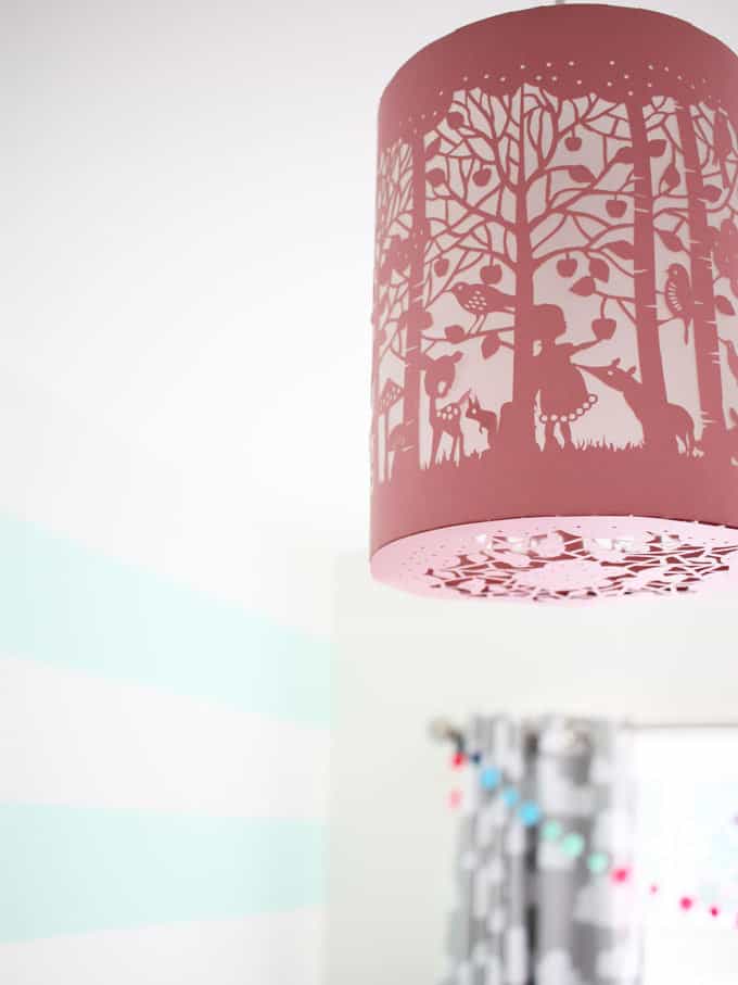 Pink papercut lampshade works brilliantly in this room. A little girl's pink and mint green bedroom tour. Inspiration and decoration ideas for a perfect room for a four year old girl.