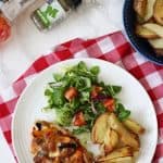 Chicken breasts topped with pizza toppings and mozzarella cheese, a great higher protein, wheat free, gluten free, alternative to regular pizza. Served with potato wedges and salad for a delicious dinner.