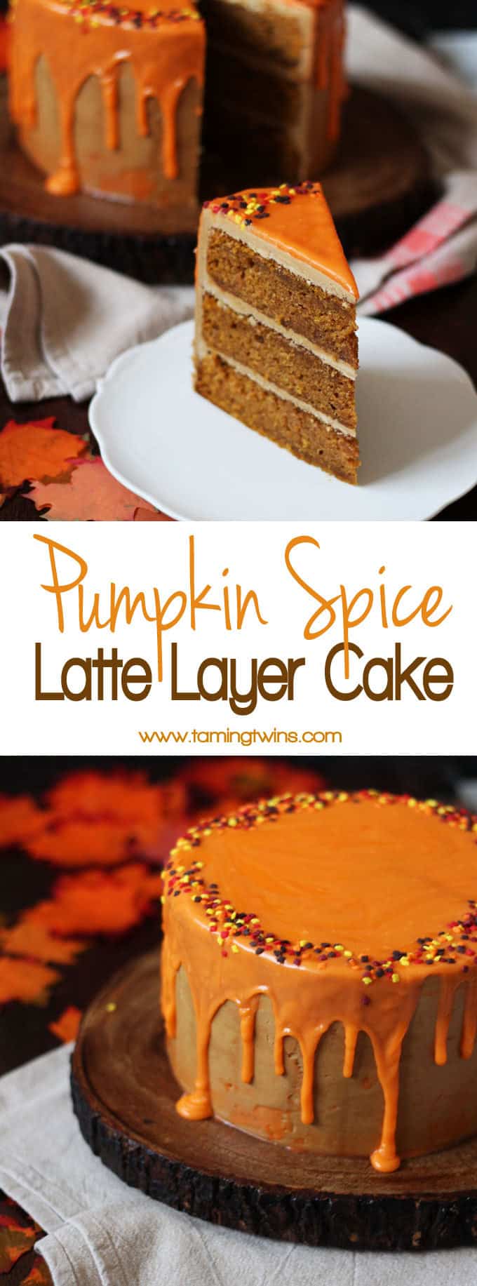 THE Pumpkin Spice Latte Cake Recipe - layers of soft pumpkin spiced cake, with fluffy latte coffee buttercream frosting and a white chocolate ganache icing drizzle. The best Autumn (or fall!) cake. Here's how to make a Pumpkin Spice Latte Layer Cake!