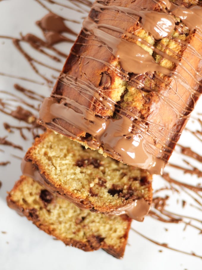 Easy banana cake drizzled with chocolate