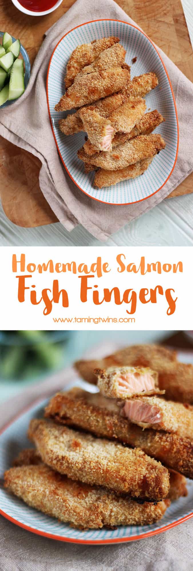 Easy peasy home made salmon fish fingers. Goujons of Norwegian salmon, breaded and oven baked, not fried, for a simple, healthy family supper.