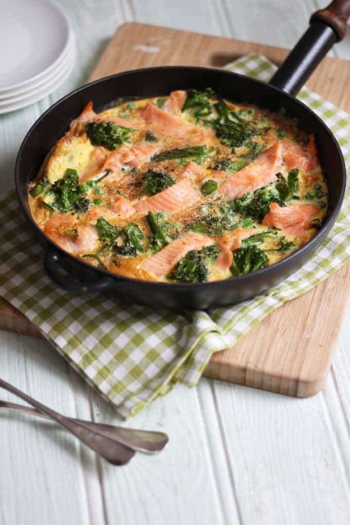 A quick and easy smoked salmon and broccoli frittata recipe, packed with protein, this makes a perfect breakfast or packed lunch, as well as a family dinner.