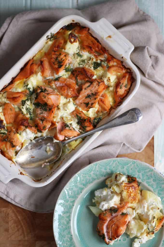 A delicious, warming, comfort food creamy salmon bake. Carb fuelled cosiness in a dish. Hygge food, ideal for autumn and winter suppers.