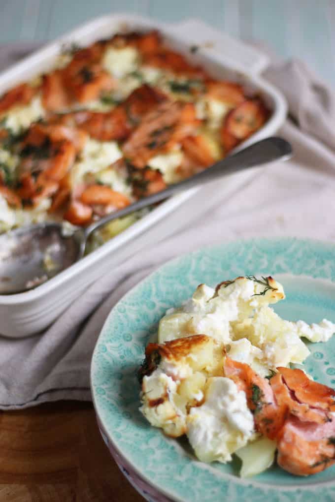 A delicious, warming, comfort food creamy salmon bake. Carb fuelled cosiness in a dish. Hygge food, ideal for autumn and winter suppers.