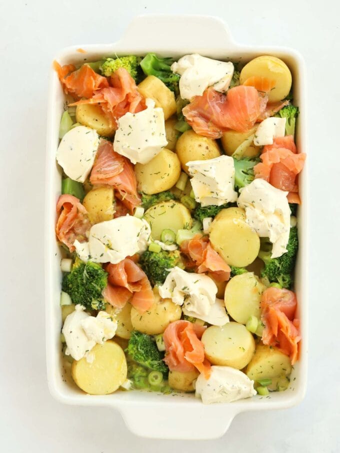 The raw ingredients in one dish for this salmon bake recipe