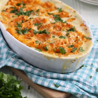 A tasty, family friendly sweet potato topped fish pie. Made with delicious salmon, prawns and parsley sauce.