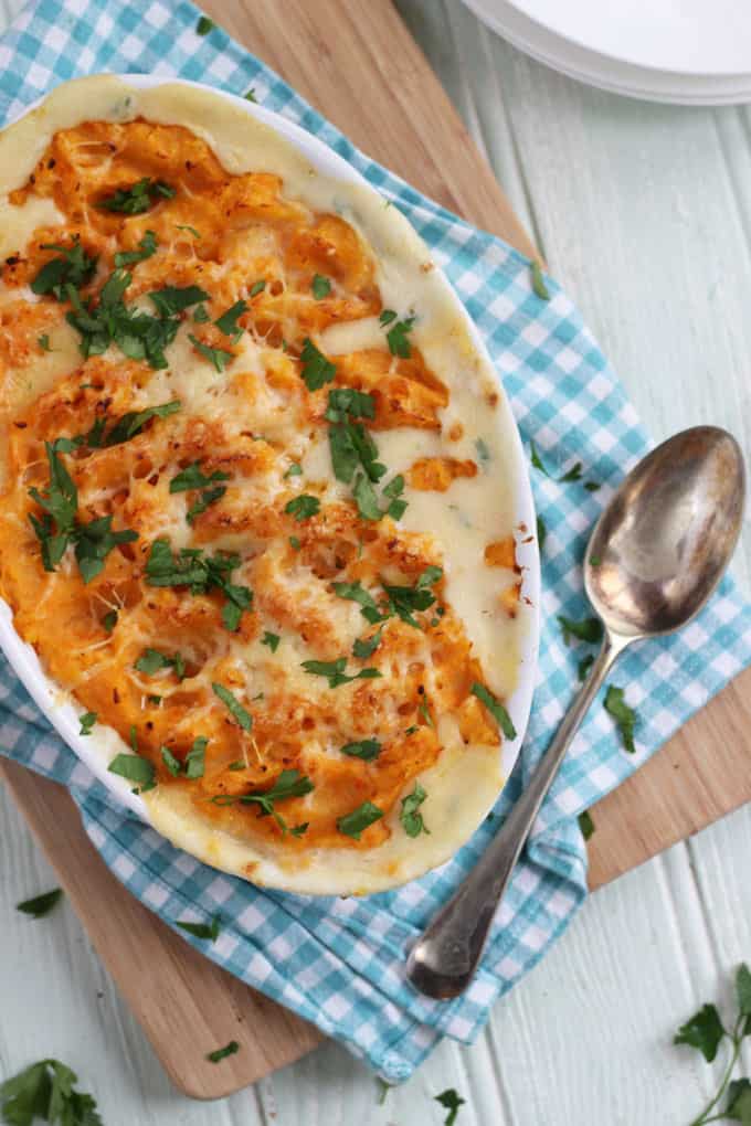 A tasty, family friendly sweet potato fish pie. Made with delicious salmon, prawns and parsley sauce.