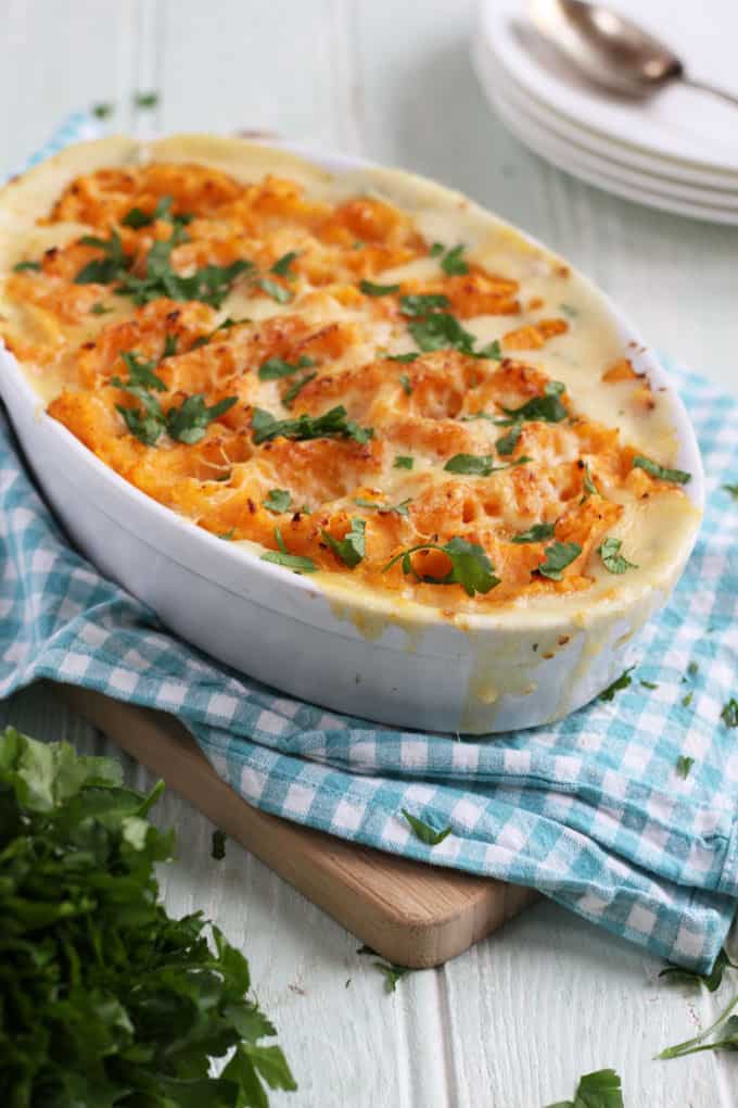 A tasty, family friendly sweet potato fish pie. Made with delicious salmon, prawns and parsley sauce.