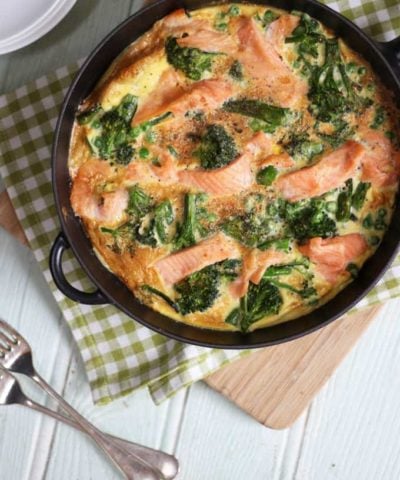 A quick and easy smoked salmon and broccoli frittata recipe, packed with protein, this makes a perfect breakfast or packed lunch, as well as a family dinner.