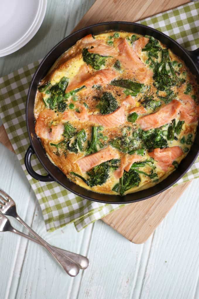 A quick and easy smoked salmon and broccoli frittata recipe, packed with protein, this makes a perfect breakfast or packed lunch, as well as a family dinner.