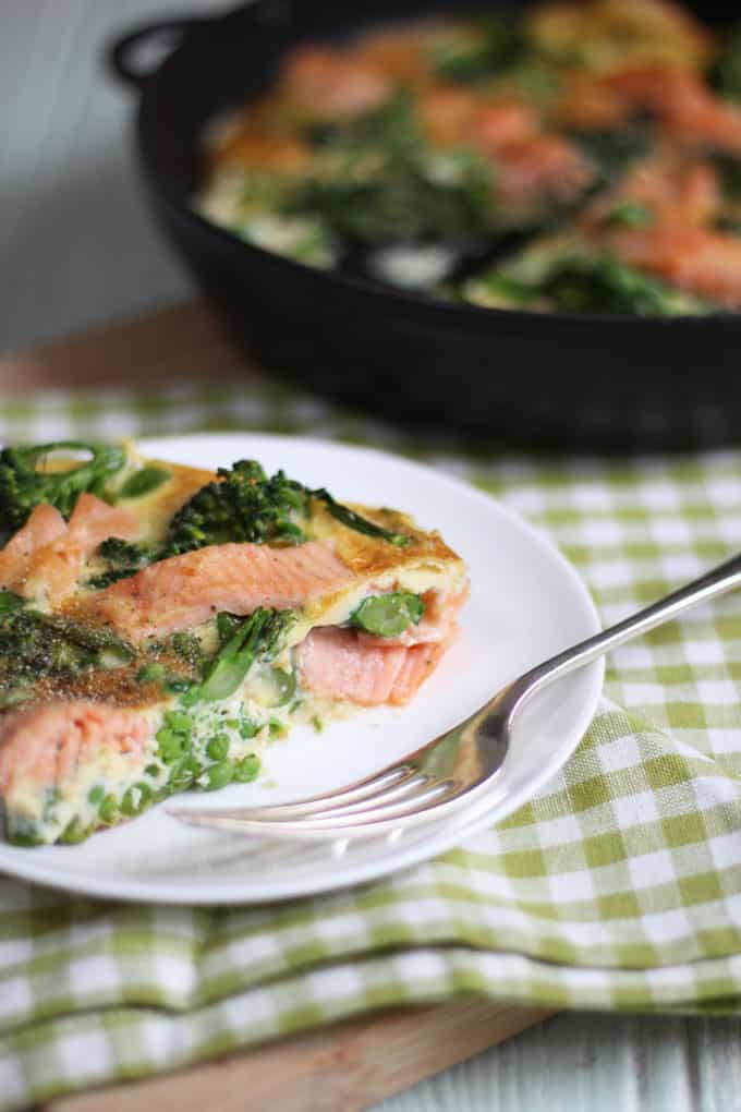 A quick and easy smoked salmon and broccoli frittata recipe, packed with protein, this makes a perfect breakfast or packed lunch, as well as a family dinner.