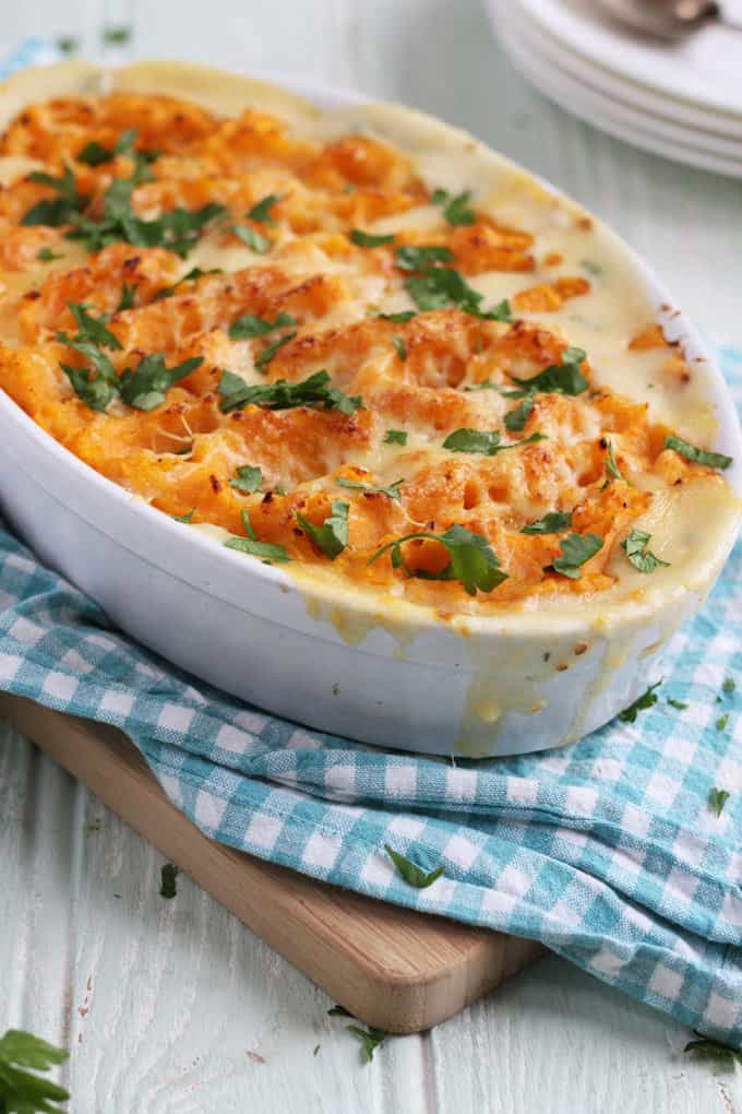 A tasty, family friendly sweet potato fish pie. Made with delicious salmon, prawns and parsley sauce.