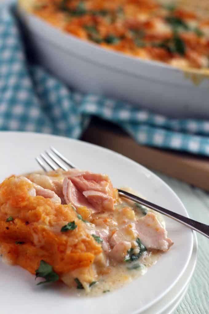 A tasty, family friendly sweet potato topped fish pie. Made with delicious salmon, prawns and parsley sauce.