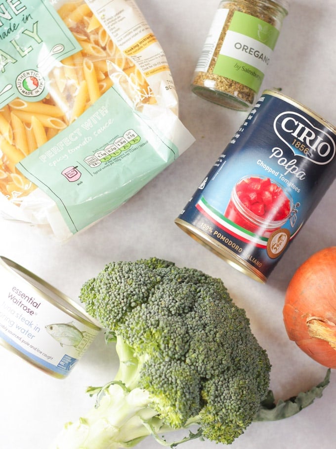 Ingredients for Tuna Pasta Bake laid on a counter.