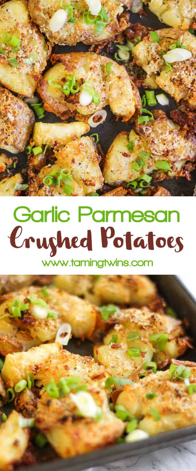 Garlic Parmesan Crushed Potatoes - Crunchy, crispy, crushed new potatoes, smothered in garlic and Parmesan cheese. The ultimate accompaniment side dish.