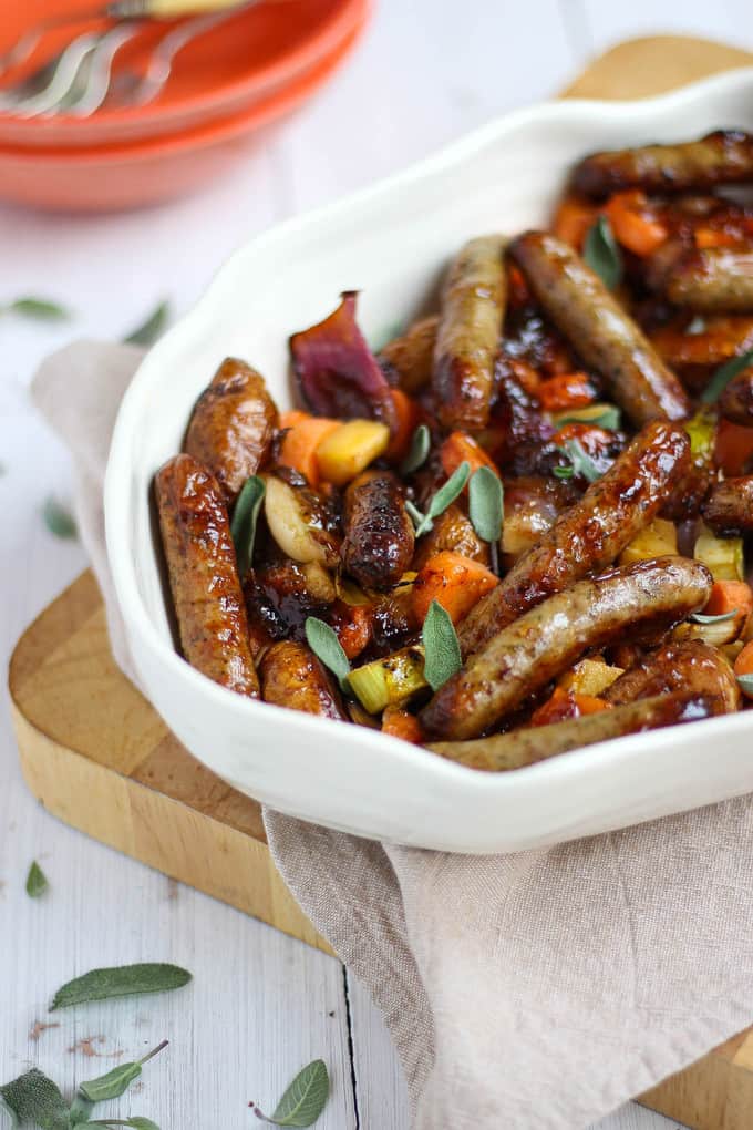 A quick and easy family dinner, this Sticky Sausage One Pan Traybake is simple and tasty. Using marmalade to add sweetness, the kids will love it! Also gluten free, dairy free and wheat free.