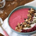 Winter Warmer Berry Smoothie Bowl - a quick and easy smoothie bowl using frozen fruit (strawberries, raspberries and blueberries) along with yoghurt and banana. With a hint of cinnamon to warm on a winter day!