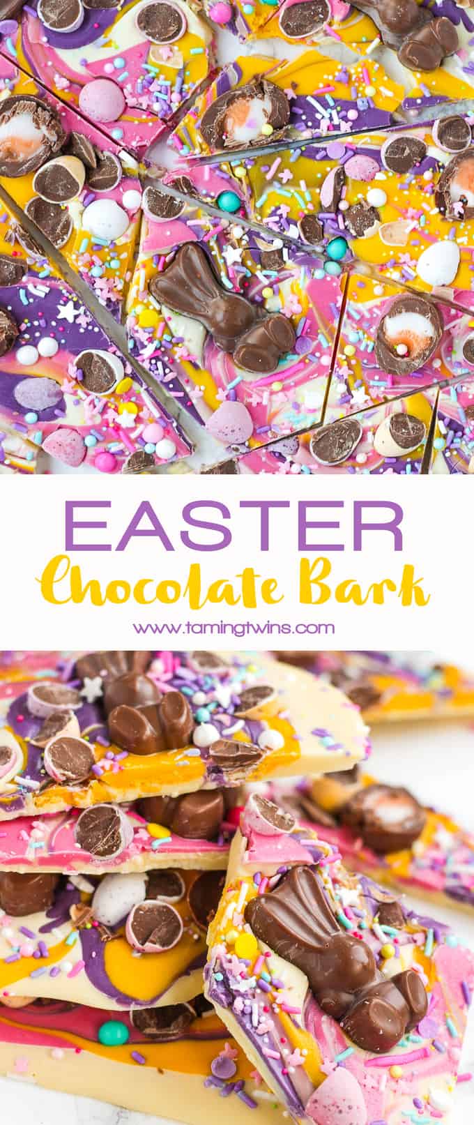 Show stopping Chocolate Easter Bark (with HOW TO VIDEO!). Super simple and easy to make, topped with candy eggs, chocolates and sprinkles, this is a no bake, must make for Easter.