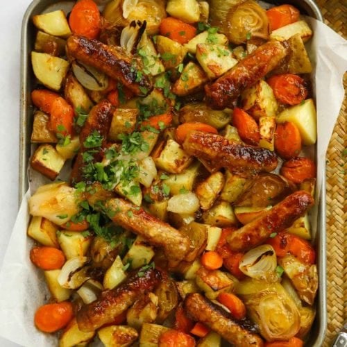 sticky sausage tray bake with marmalade sauce