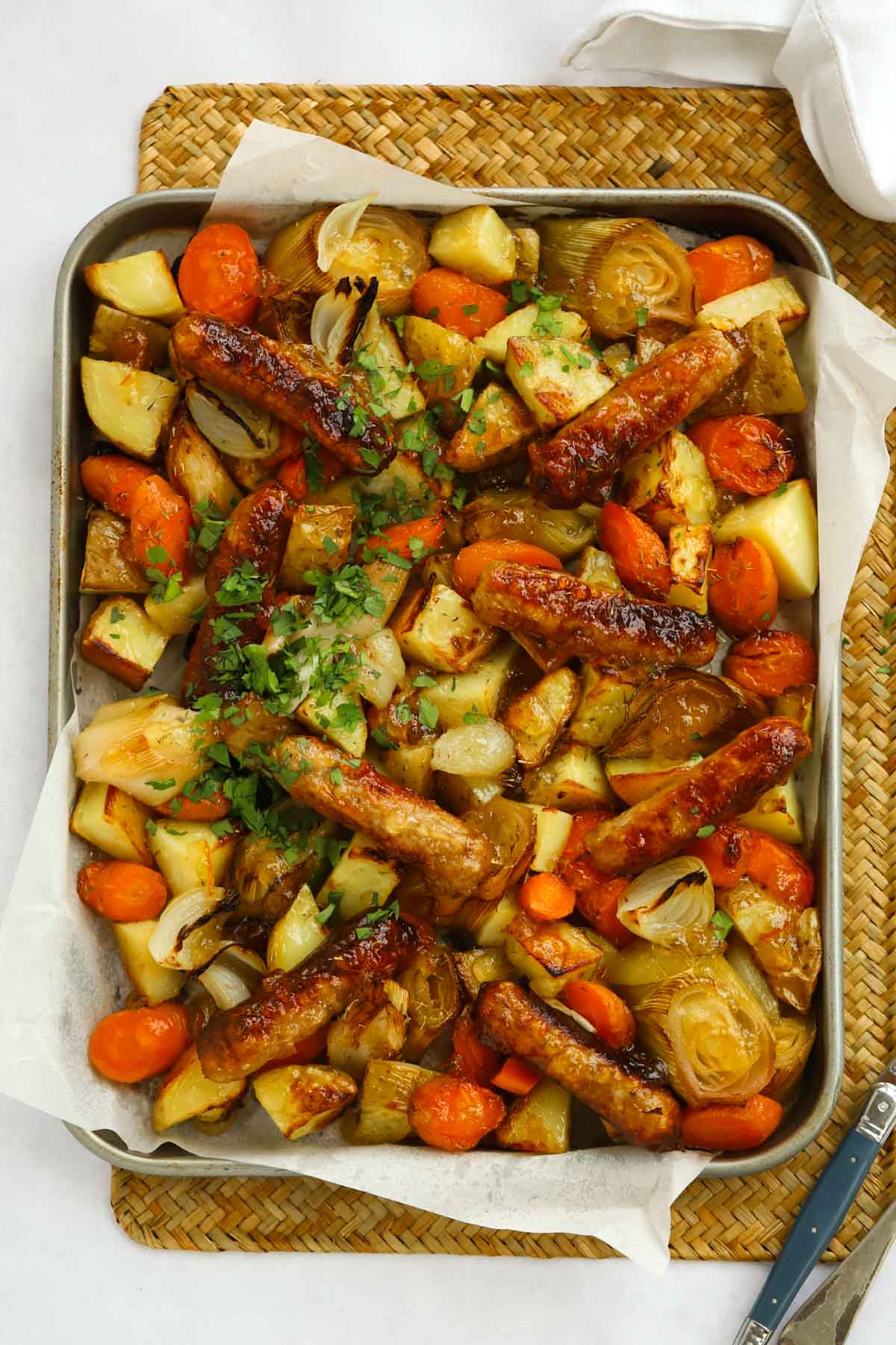 Easiest Ever Sticky Sausage Tray Bake