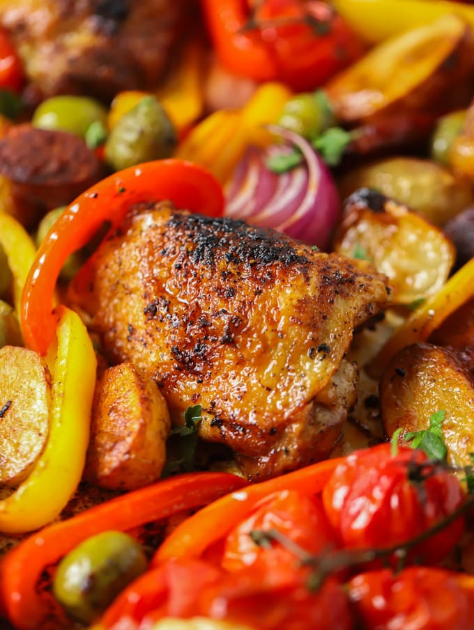 Chicken thigh roasted with paprika and peppers