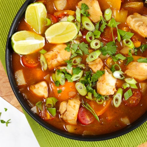 Easy fish stew recipe with lime wedges