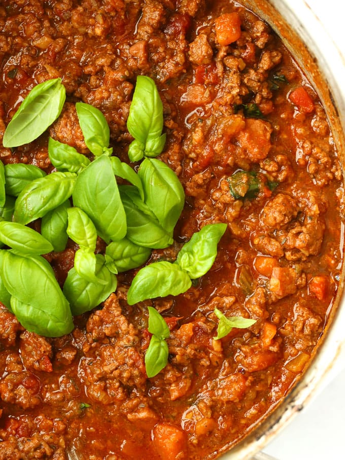 Beef Bolognese sauce slow cooked with basil on
