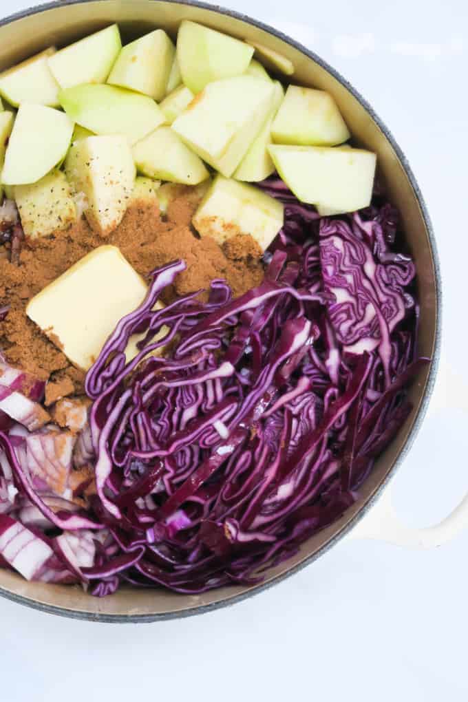Braised red cabbage - the perfect make ahead vegetable side dish. Slow cooked with spices, apple and cider.