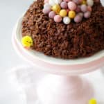 Giant Easter nest cornflake cake, circular with Mini eggs in the centre, small fake yellow chicks on a white plate and a pink stand.