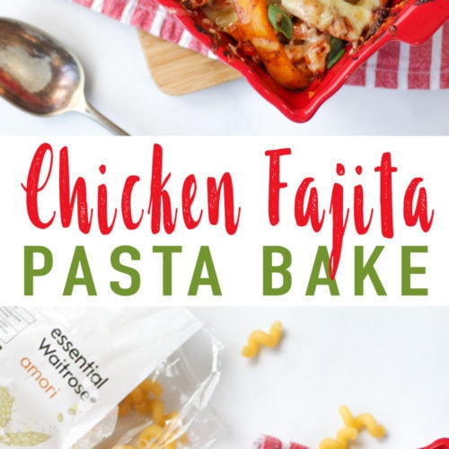 A simple and delicious Chicken Fajita Pasta Bake Recipe. Loaded with all of your favourite fajita flavours in a pasta bake. Tasty chicken, with delicious peppers and creamy cheesy pasta. A delicious family friendly midweek meal. 