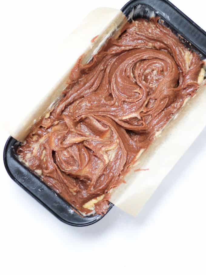 Raw cake batter in a loaf tin.