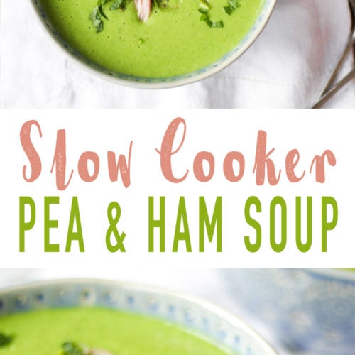 Slow Cooker Pea and Ham Soup - Made with a whole gammon joint cooked in the slow cooker, frozen fresh peas and mint for a delicious, light and healthy soup. This simple soup is so easy and warming. Add crusty bread for a really tasty meal.